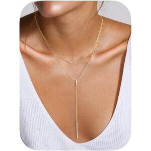 14K Gold Plated Long Lariat Necklace | Dainty Y-Shaped Pendant
